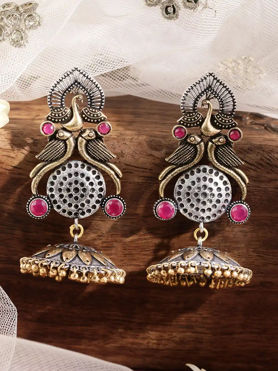 Rubans Oxidised Silver Plated Dual Tone Gold and Silver Pink Stone Peacock  Jhumka Earrings