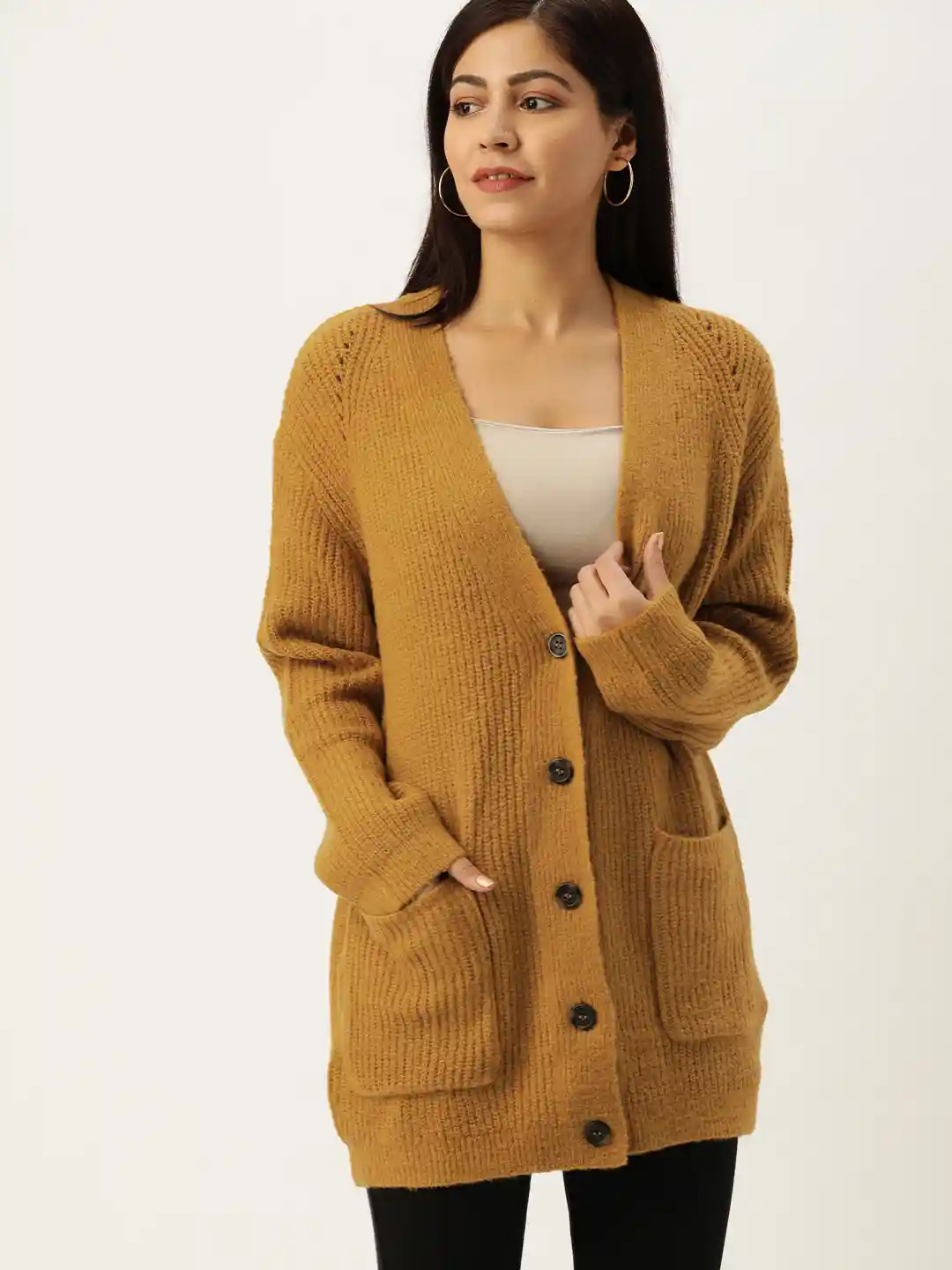 Buy FOREVER 21 Women Camel Brown Ribbed Cardigan Sweater