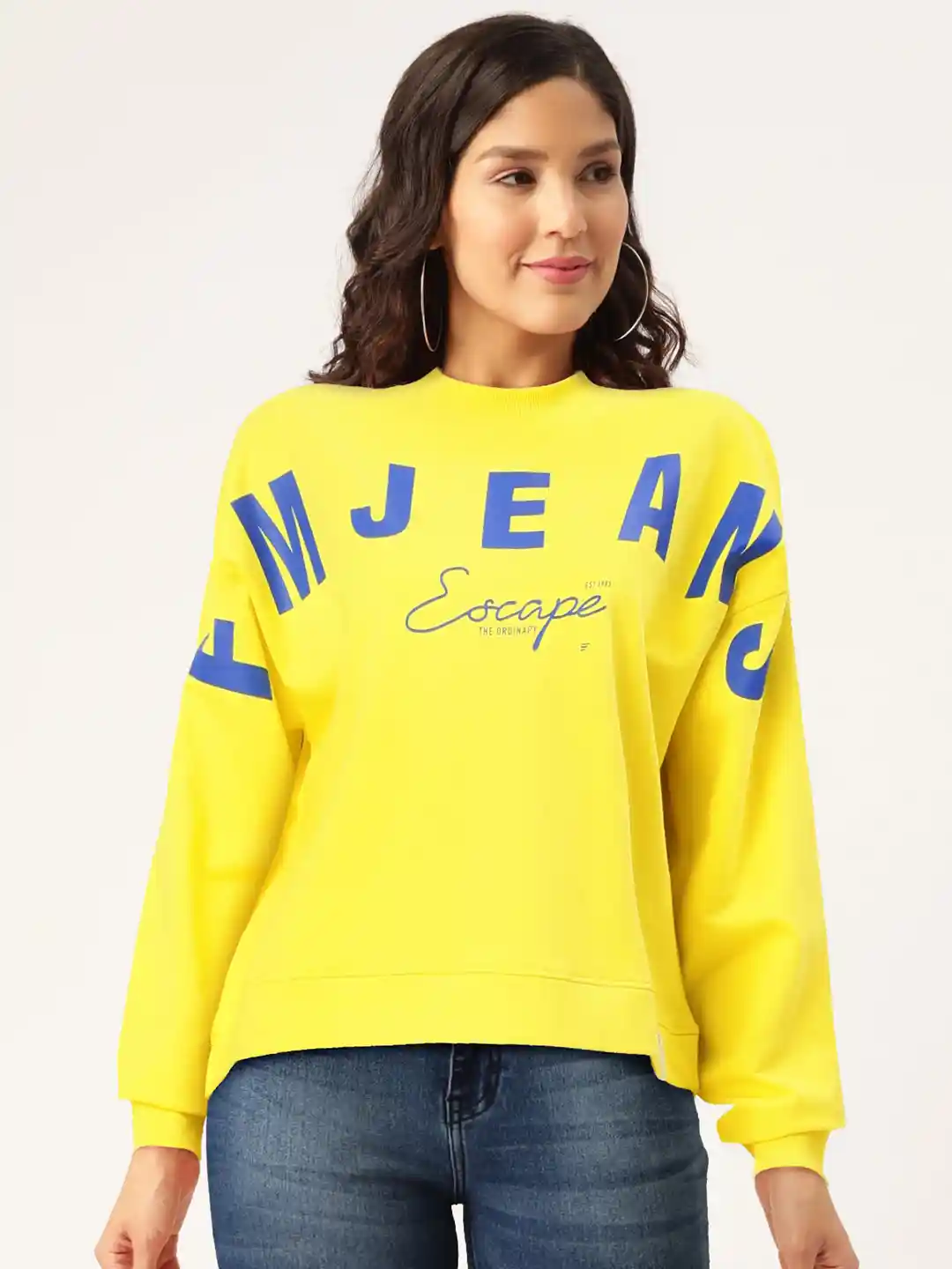 Flying Machine Women Yellow Printed Drop Shoulder Sweatshirt