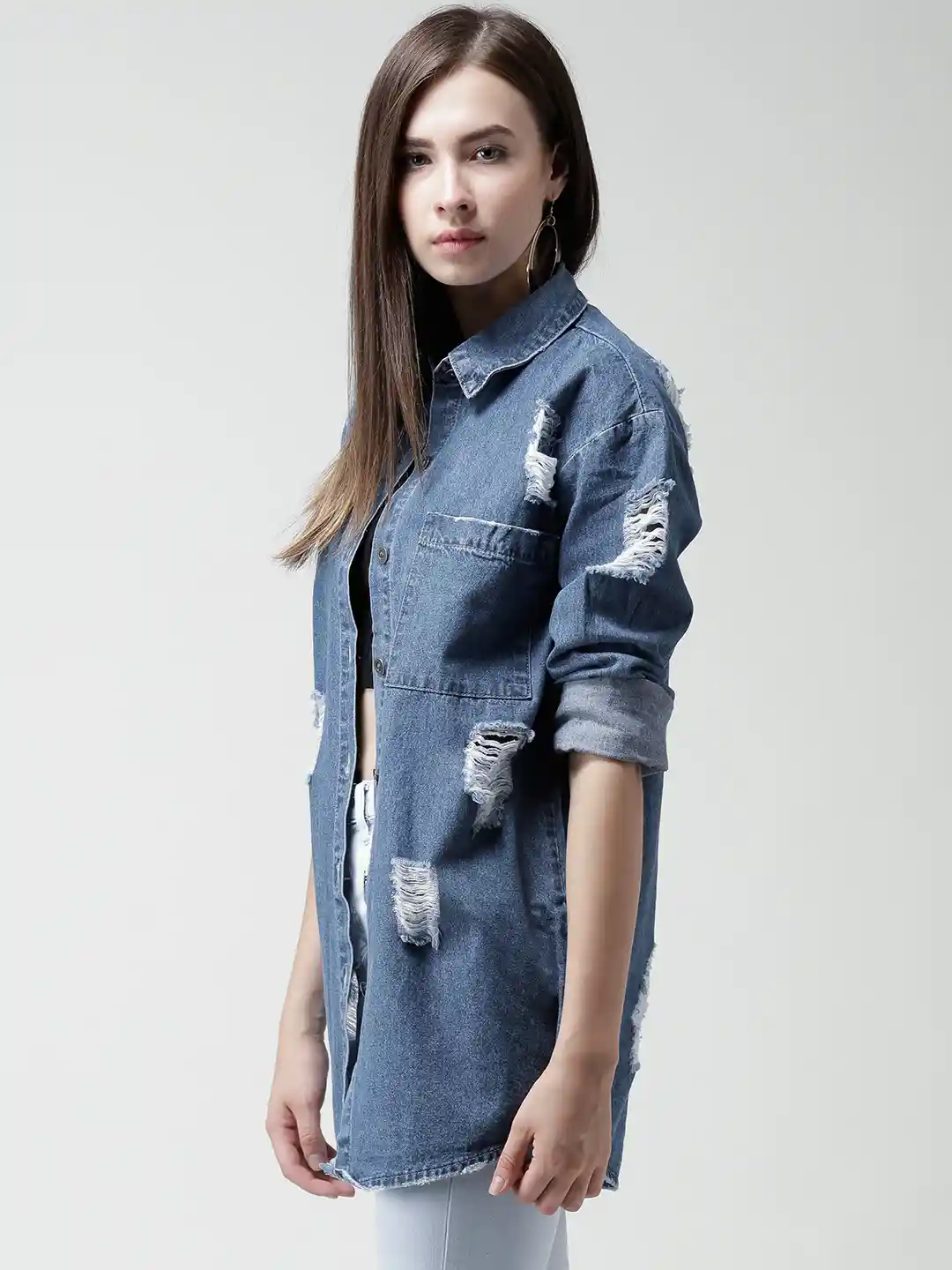 Buy FOREVER 21 Blue Distressed Denim Shirt Shirts for Women