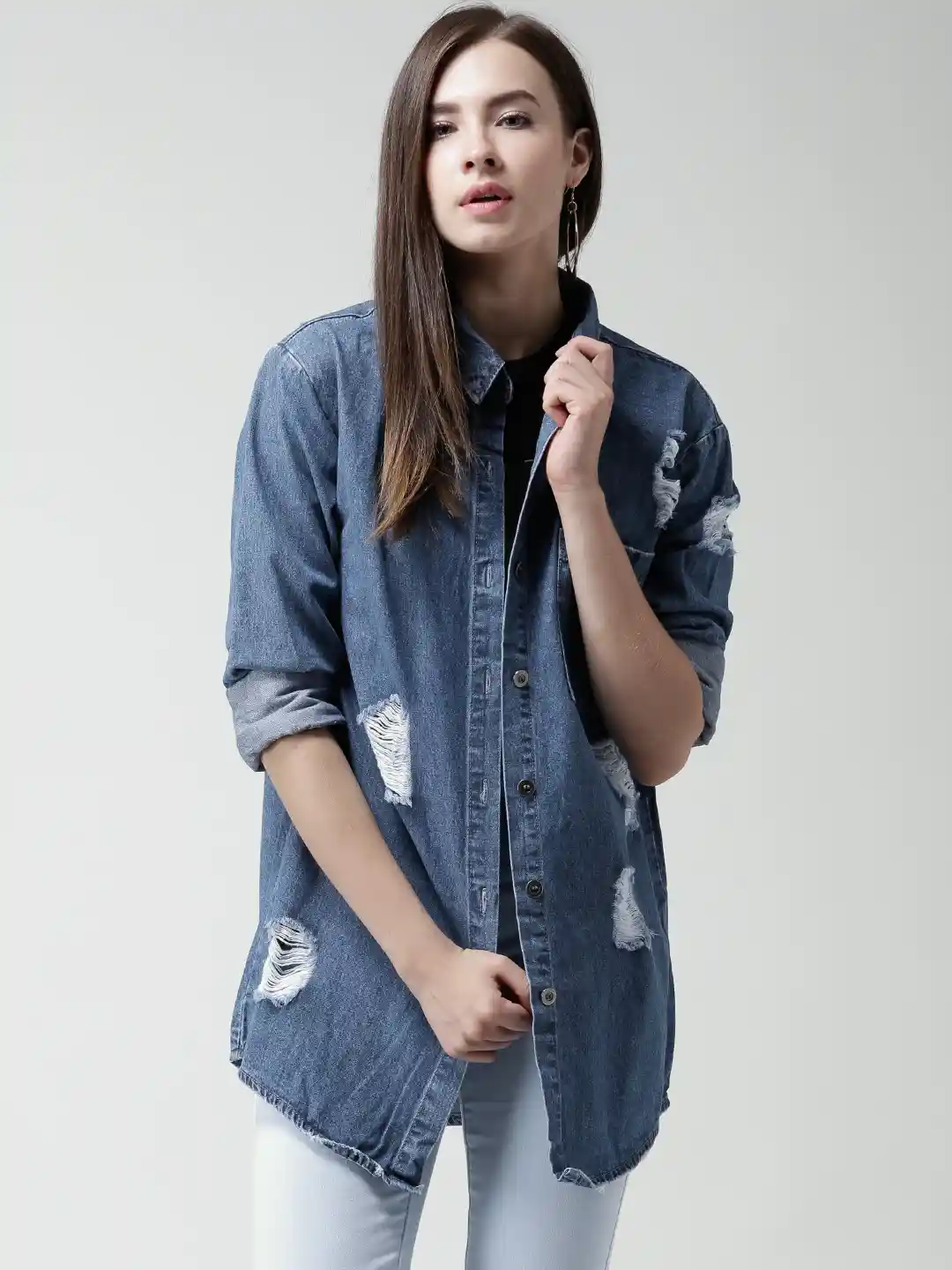 Buy FOREVER 21 Blue Distressed Denim Shirt Shirts for Women