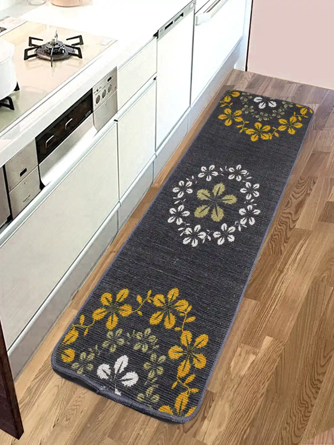 Saral Home Unisex Grey White Floral Printed Kitchen Runner