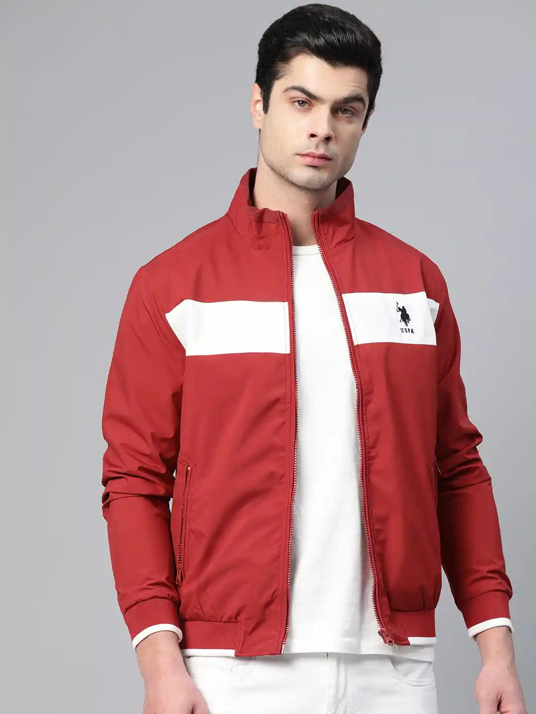 Buy Polo Men Red White Solid Bomber Jacket Jackets