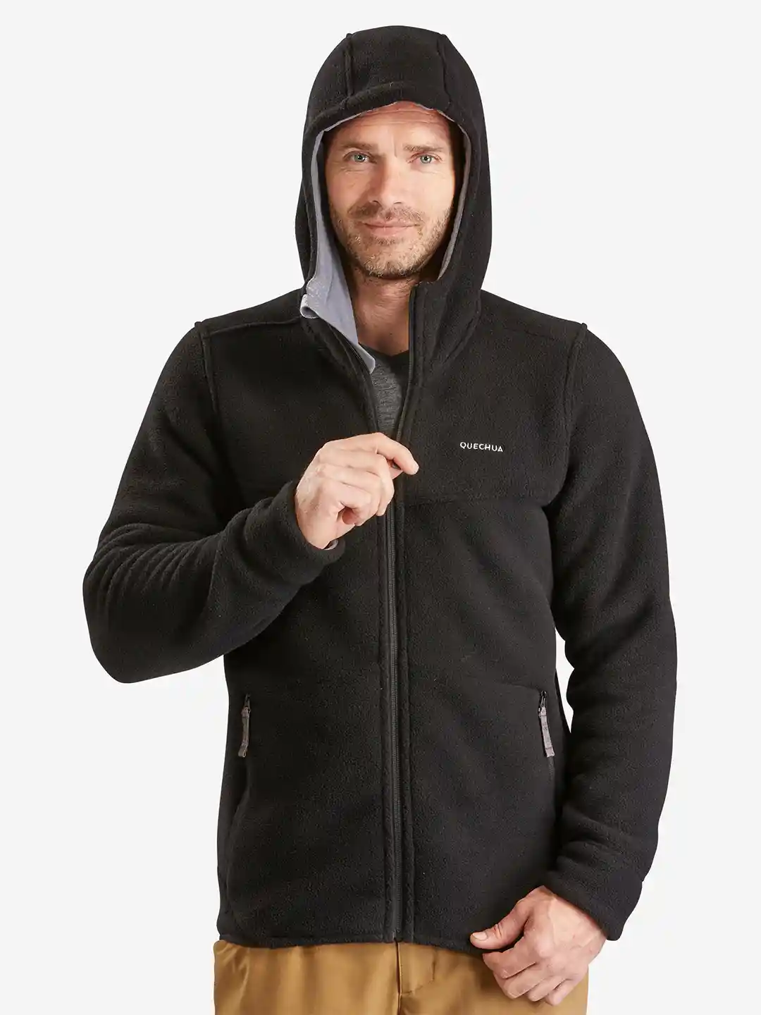 Buy Decathlon Quechua Men Solid Black Full-Hooded Warm Fleece