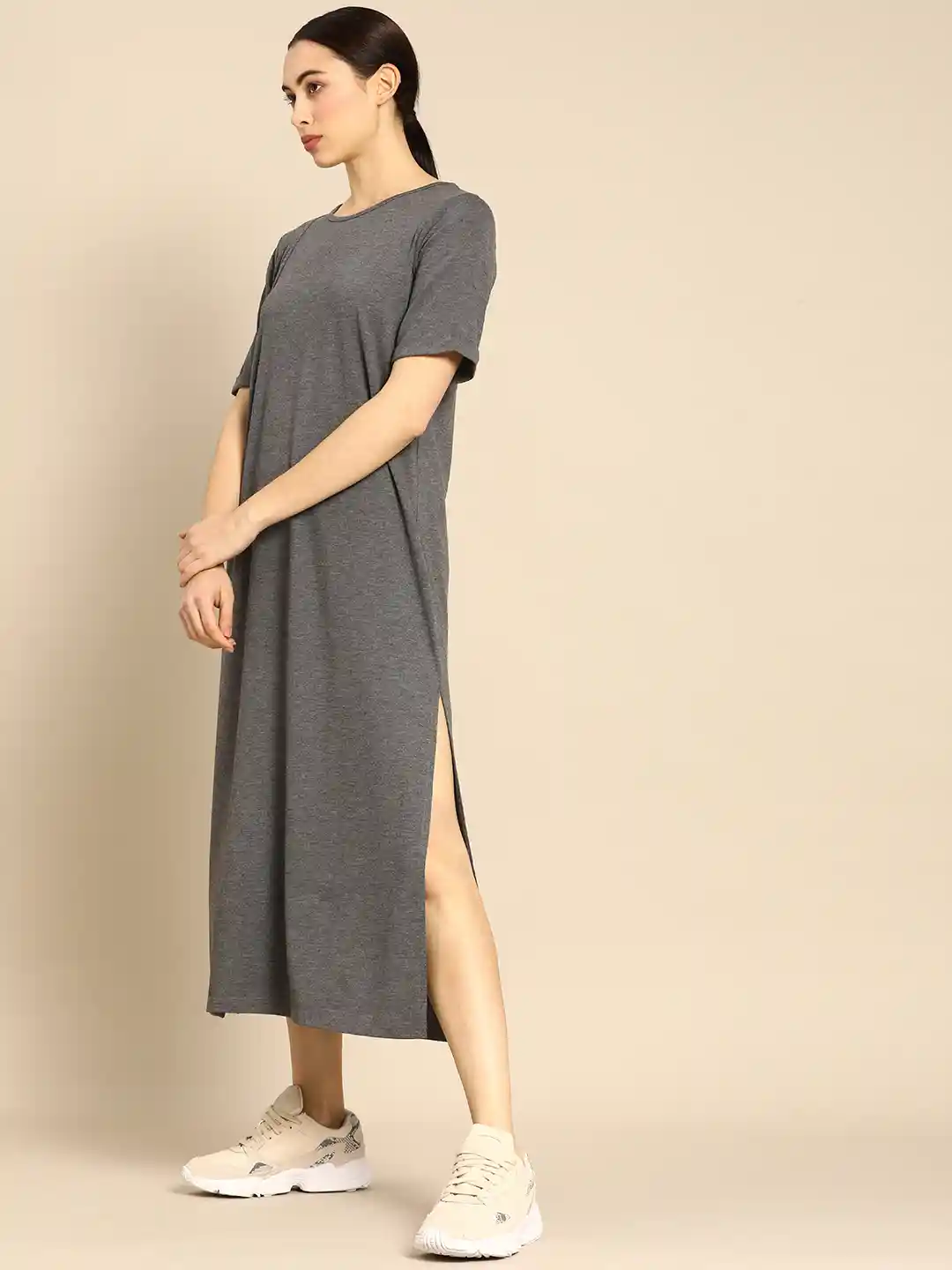 Buy ether Women Charcoal Grey Solid T-Shirt Maxi Dress Dresses