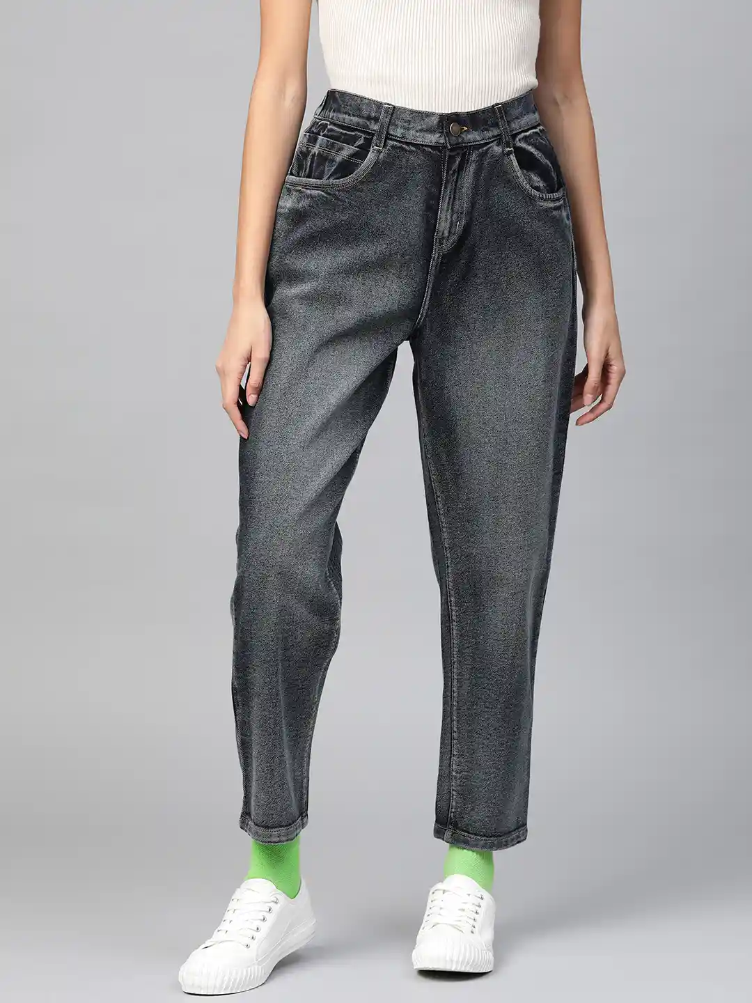 Buy SASSAFRAS Women Navy Blue Cotton Relaxed Fit High-Rise Clean