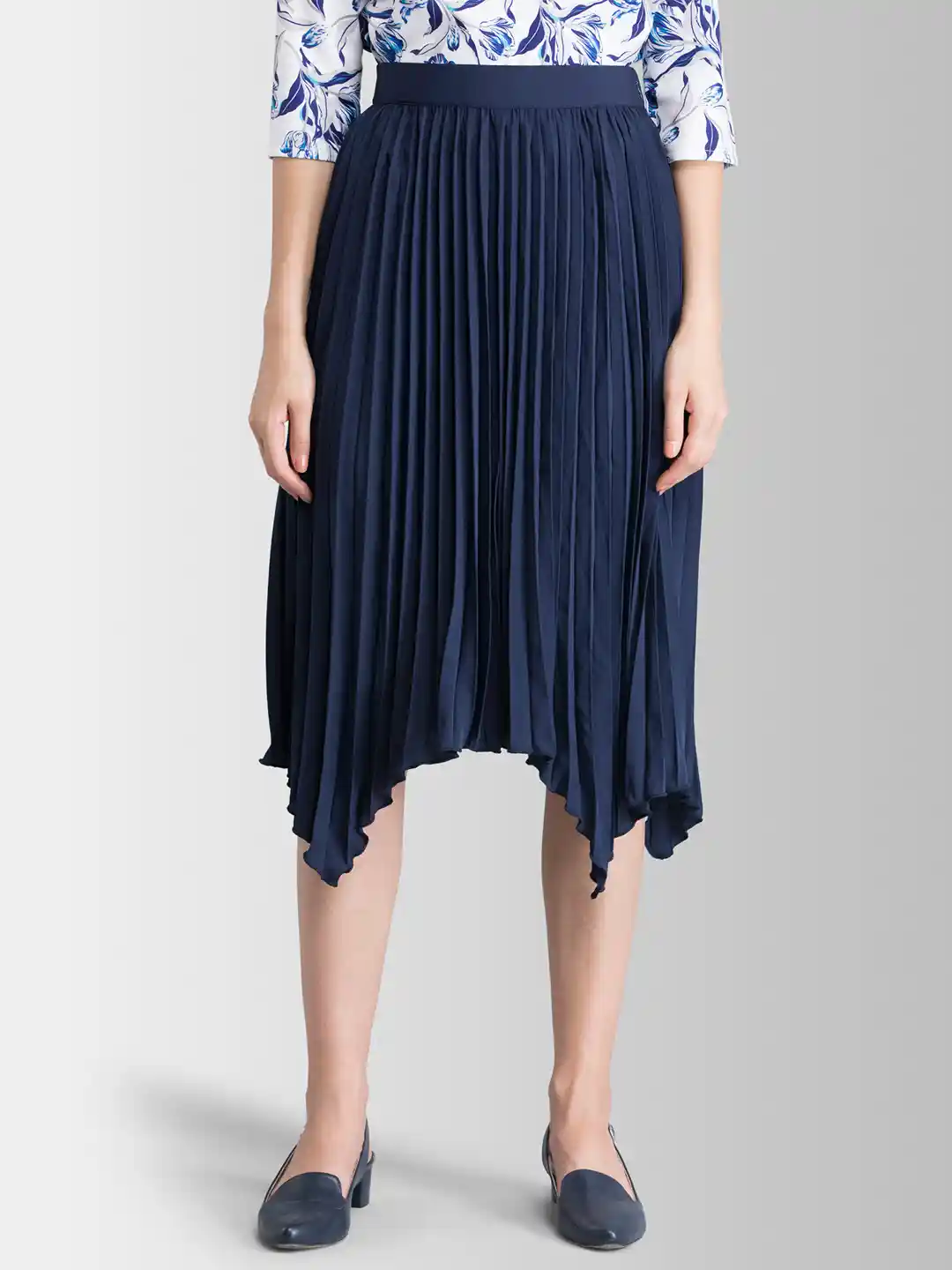 FableStreet Women Navy Blue Solid Asymmetric Accordion Pleated Skirt - Main Image