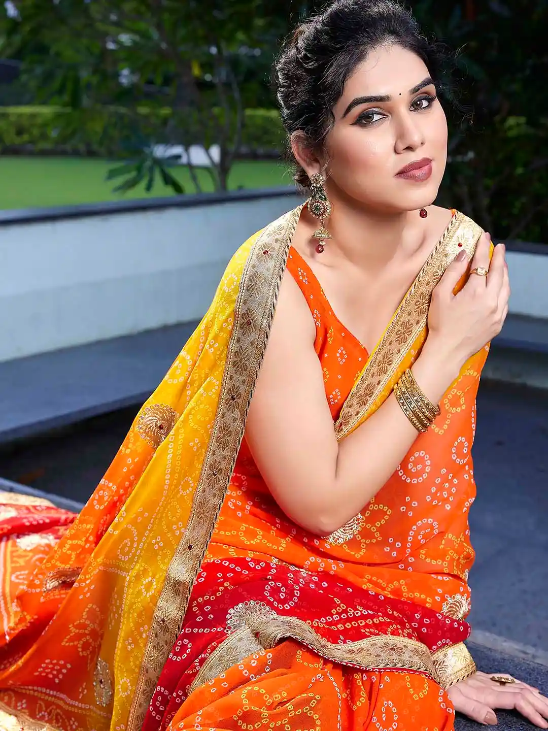 Earrings Jewellery On Bandhani Saree Mustard Yellow Bandhani