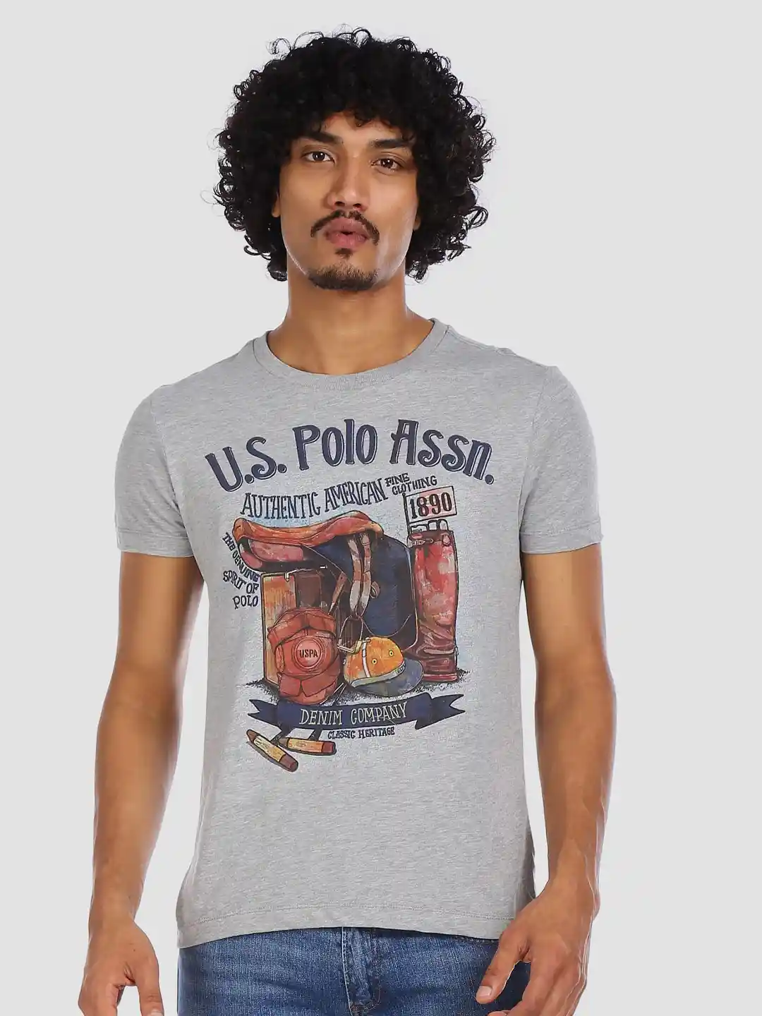 Polo Denim Men Grey Printed Slim Fit Round Neck T-shirt