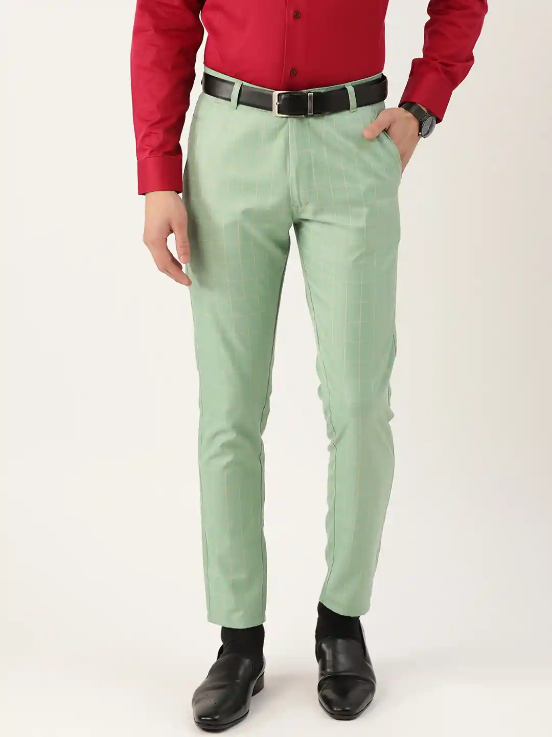 Buy SOJANYA Men Sea Green Yellow Smart Fit Checked Formal