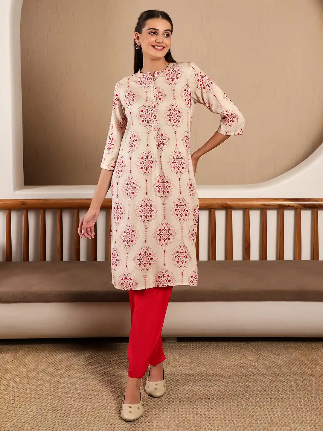 Buy W Women Off White Pink Ethnic Motifs Printed Straight Kurta