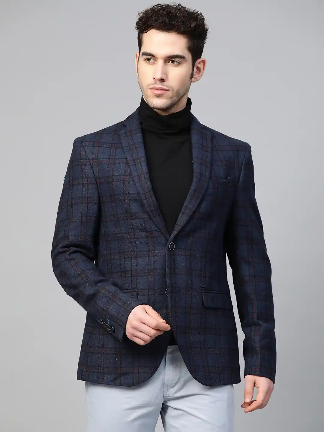 Buy Blackberrys Men Navy Blue Black Checked Slim Fit Single
