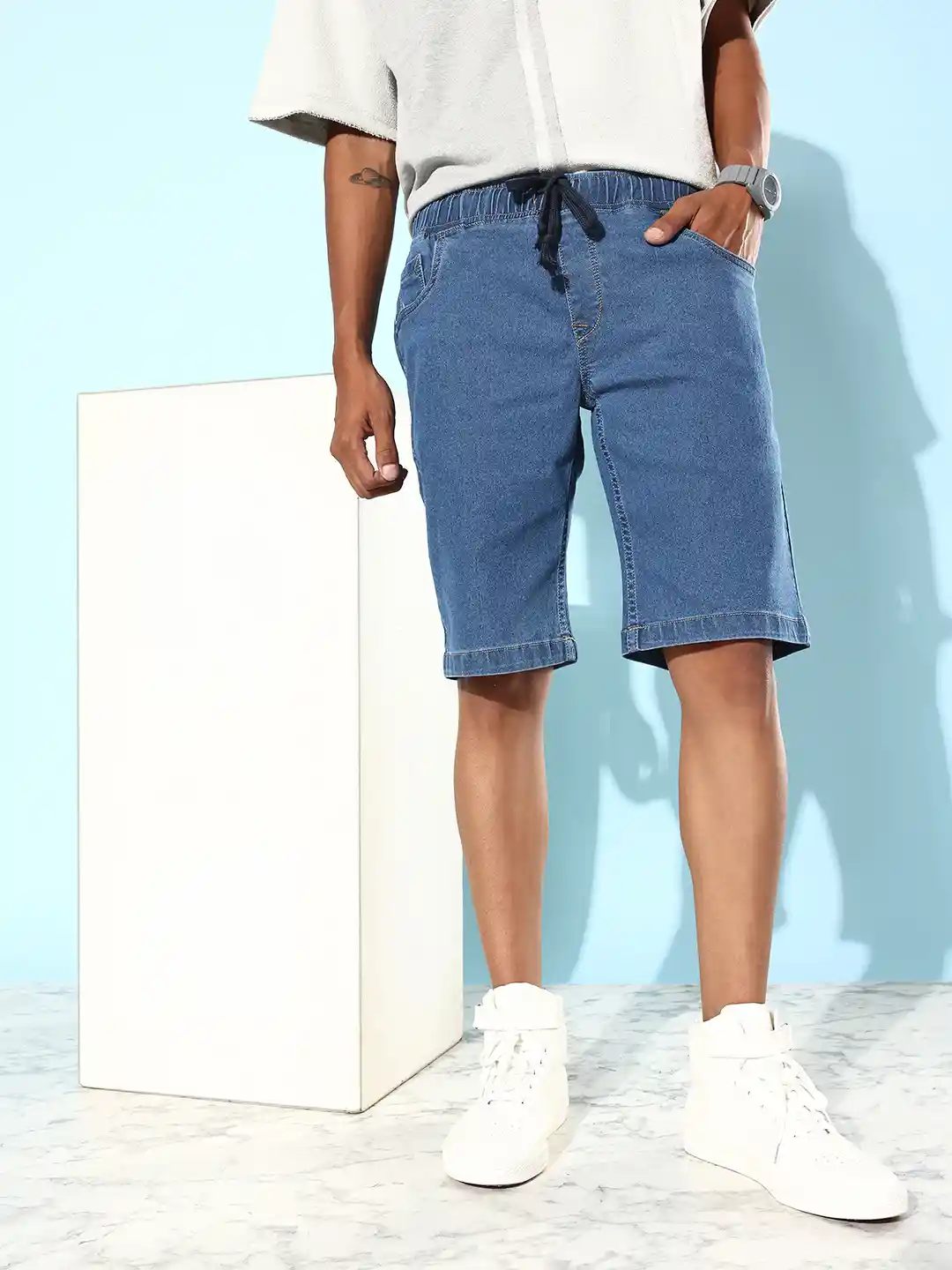 Buy HERE&NOW Men Ocean Blue Mid-Rise Denim Cut Off Shorts Shorts