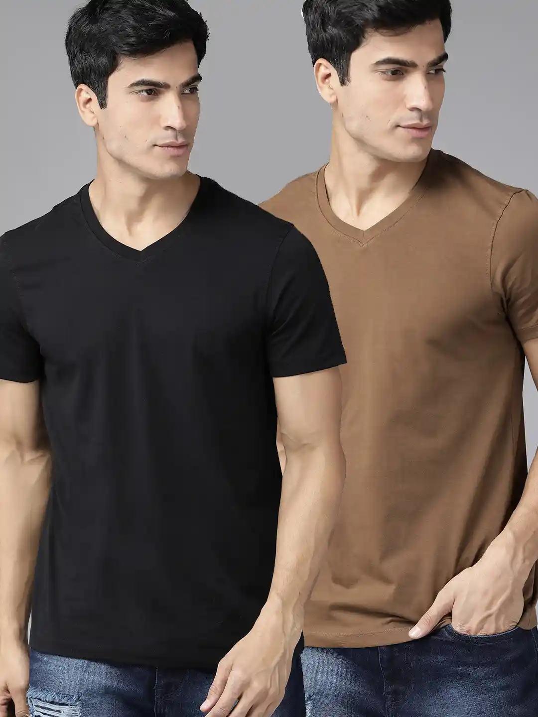 The Roadster Lifestyle Co Men Pack of Black Olive Brown Solid V-Neck  Cotton Pure Cotton T-shirt - Main Image