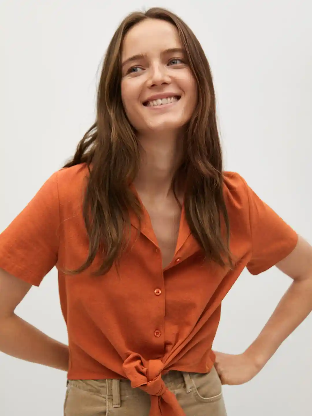 Buy MANGO Women Rust Orange Regular Fit Solid Pure Cotton Casual