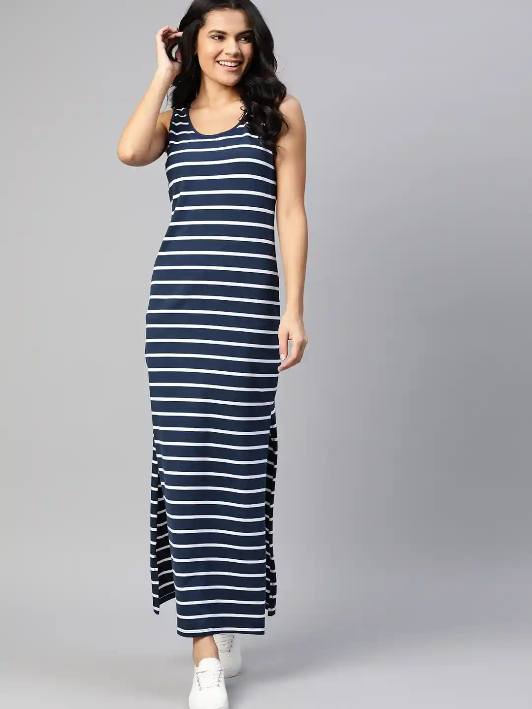 Buy Mast Harbour Women Navy Blue White Striped Maxi Dress