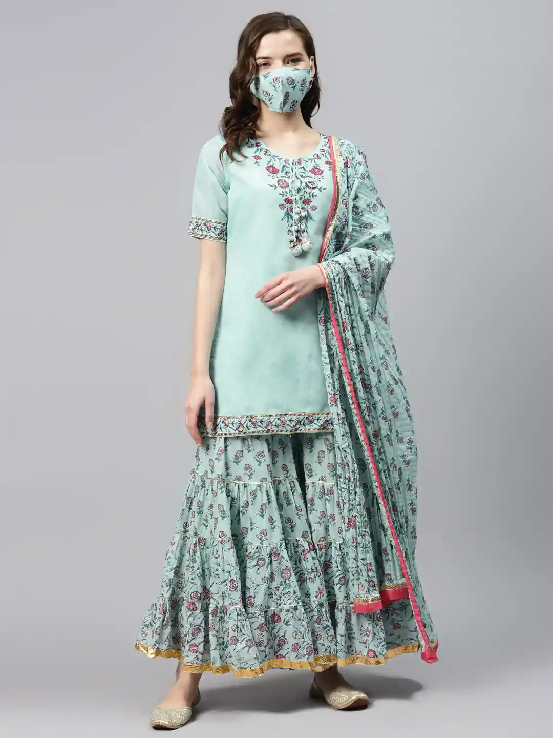 Buy Biba Women Mint Green Pink Yoke Design Straight Kurti with