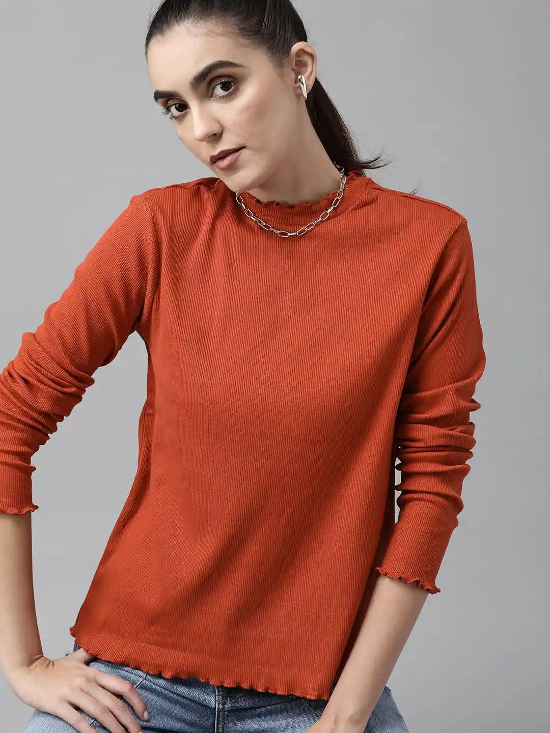 Buy Roadster Rust Orange Ribbed Top with Lettuce Edges Tops for