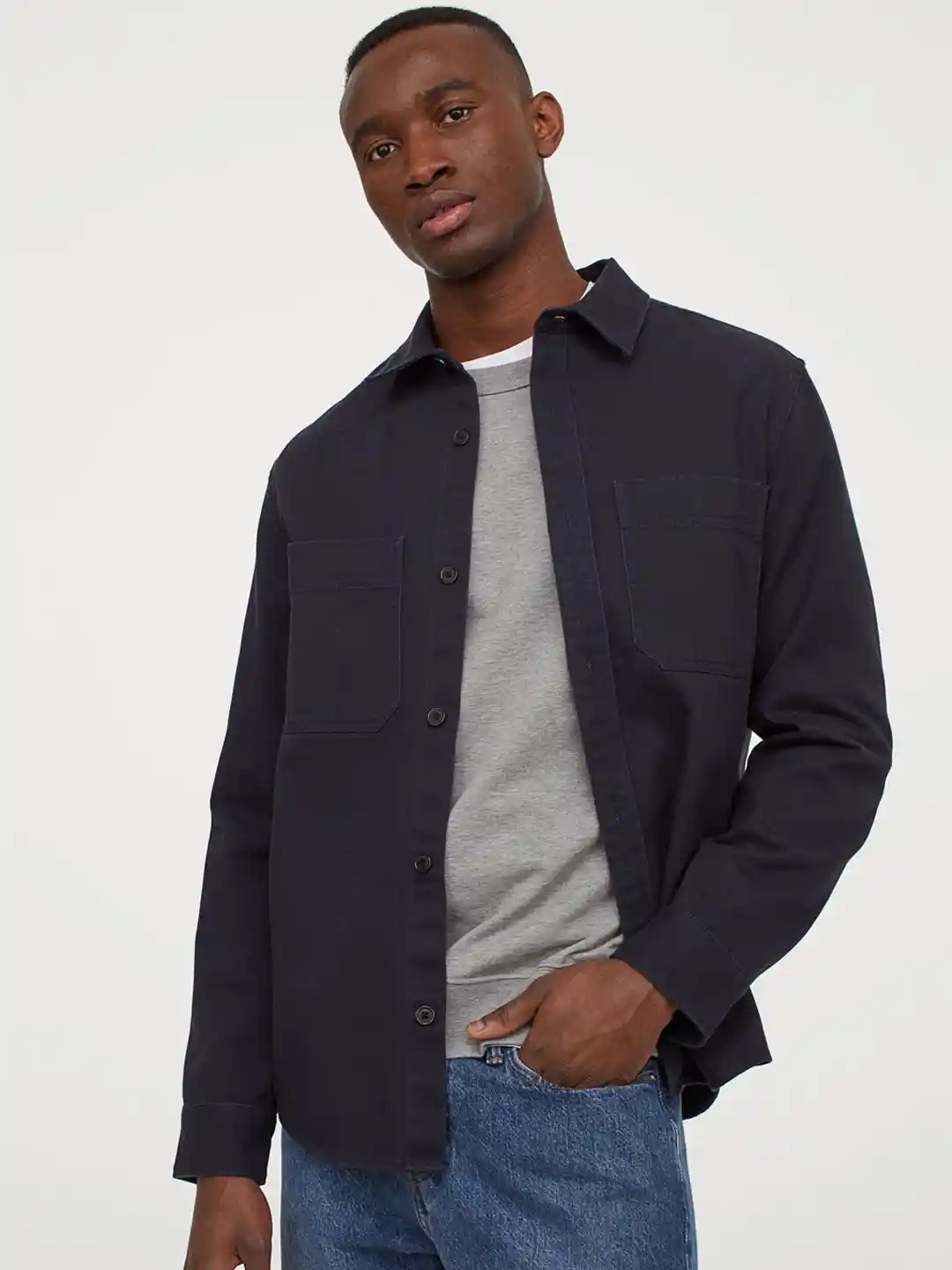 H&M Men Blue Solid Regular Fit Shirt Jacket