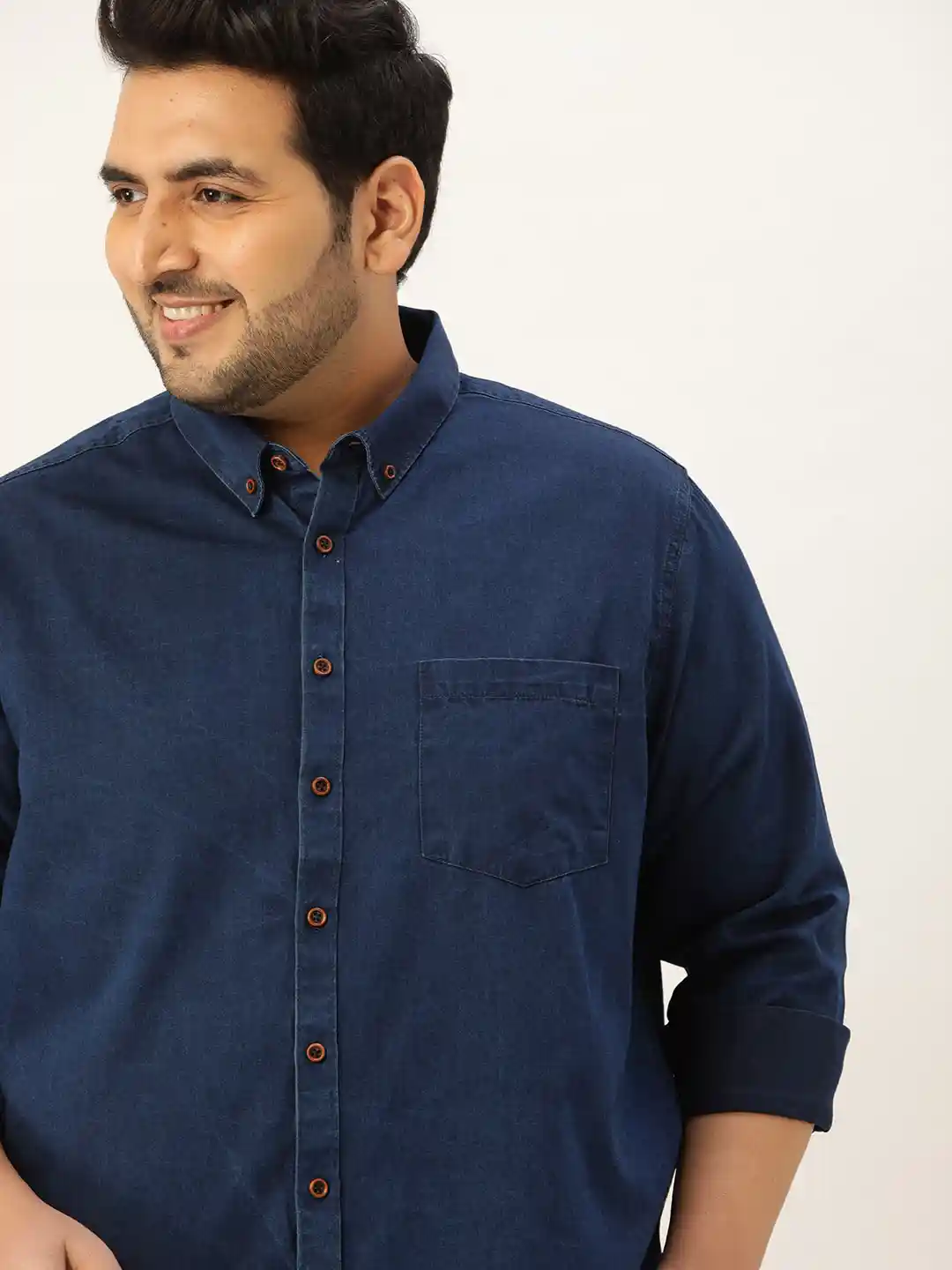 Sztori Men Plus Size Navy Blue Pure Cotton Chambray Casual Shirt