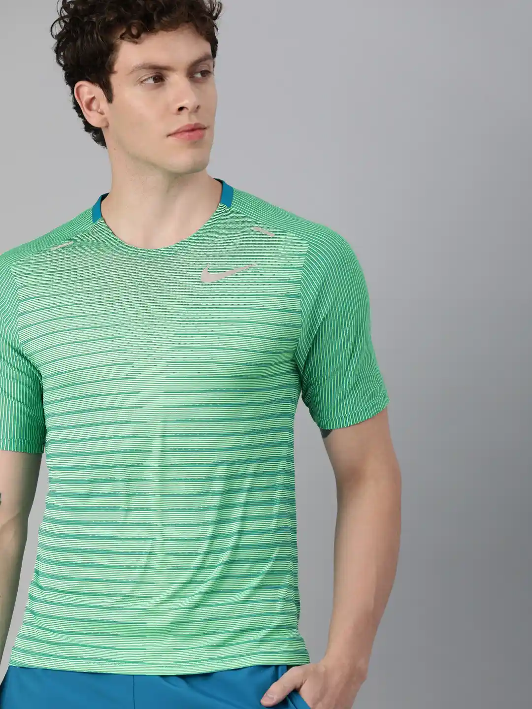 Buy Nike Men Green Striped Slim Fit TECHKNIT Dri-Fit Round Neck