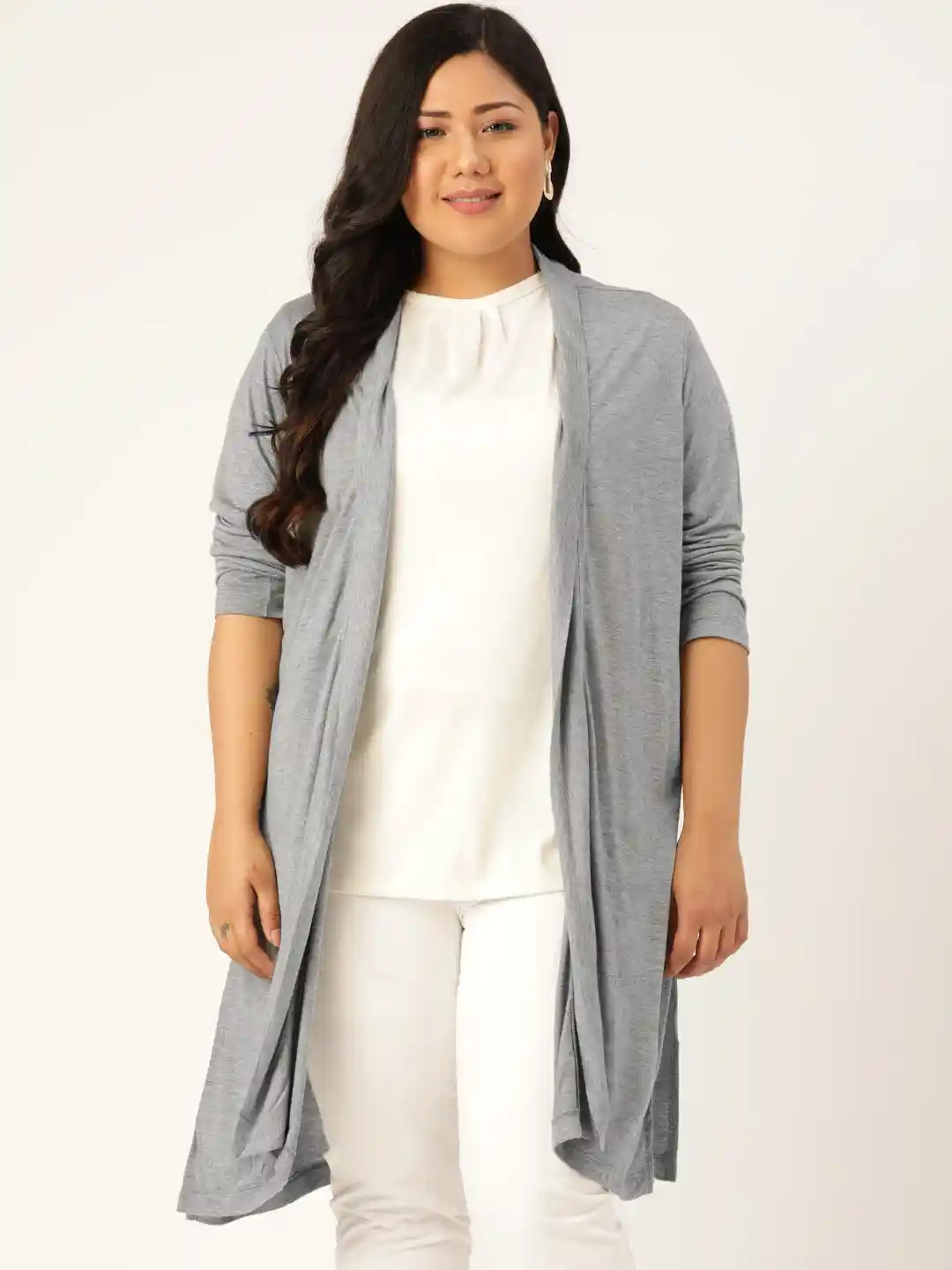 Rute Women Plus Size Grey Melange Cotton Solid Longline Open Front Shrug