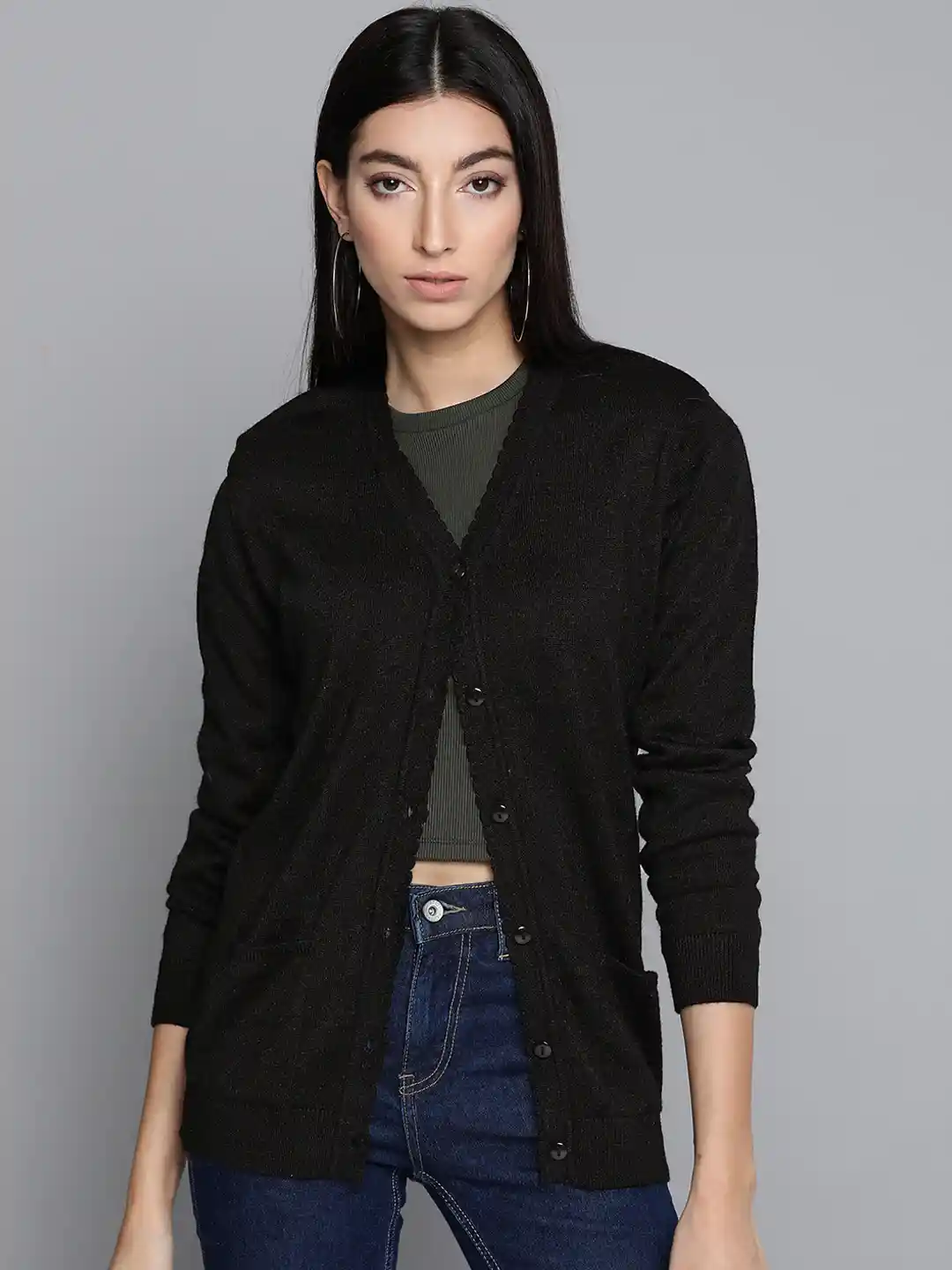 Cielo Women's Long Open Front Knit Cardigan – Solid Black, Side Pockets, Ribbed Trim, Medium Weight - View #6
