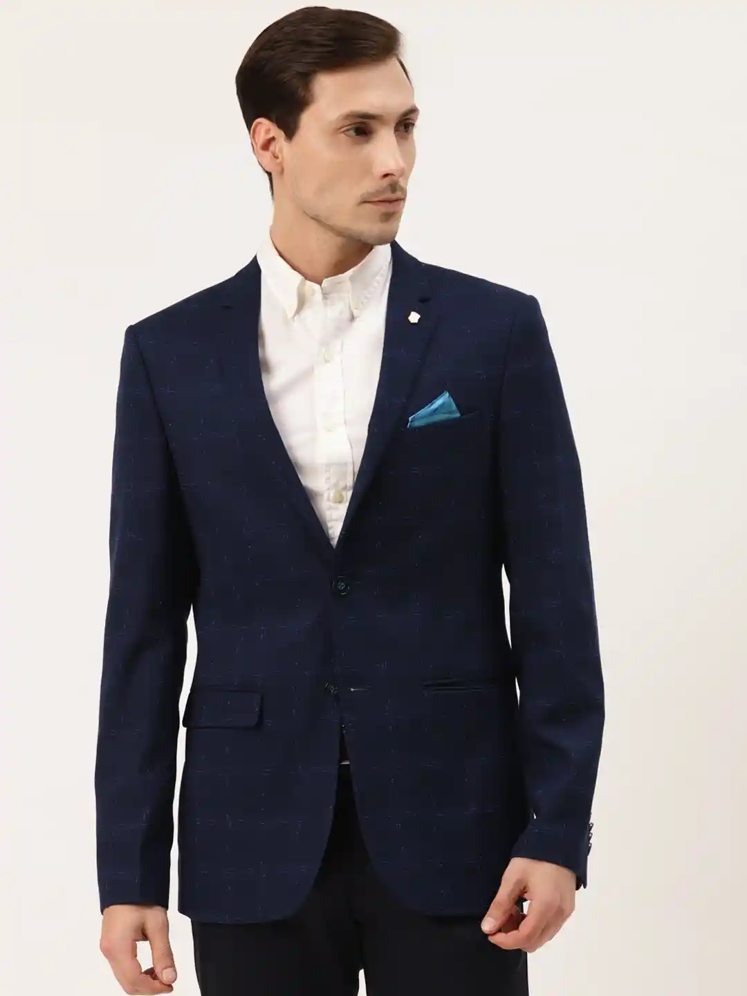 Buy Manyavar Men Navy Blue Checked Single Breasted Partywear