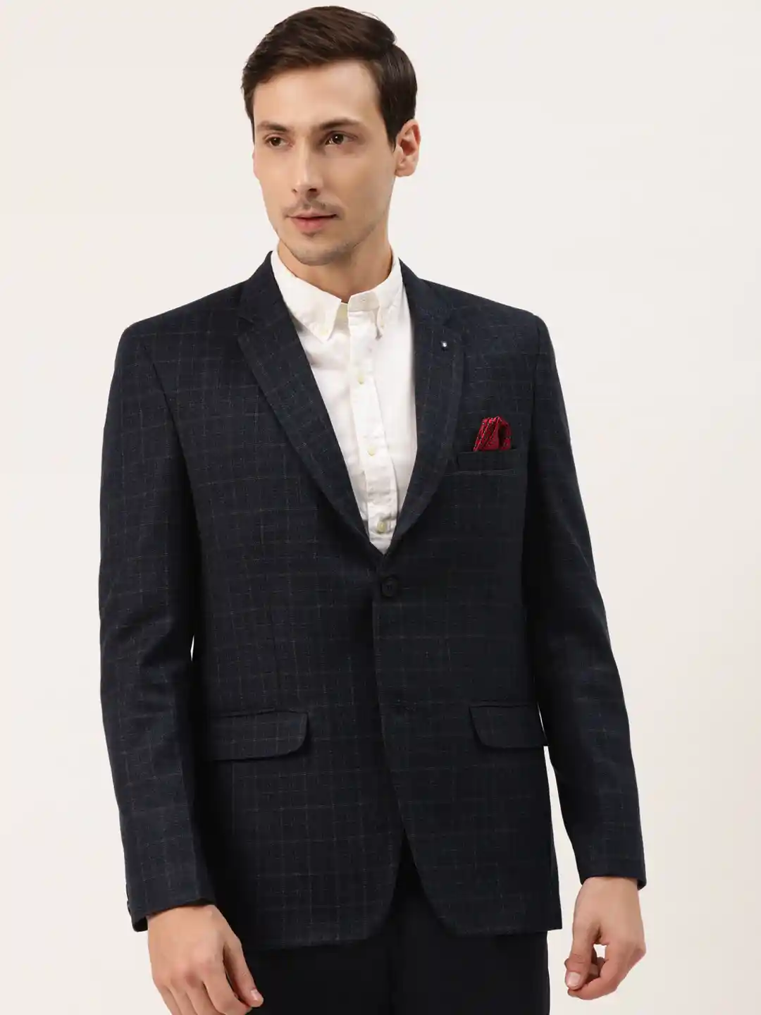 Buy Manyavar Men Navy Blue Regular Checked Single-Breasted Casual