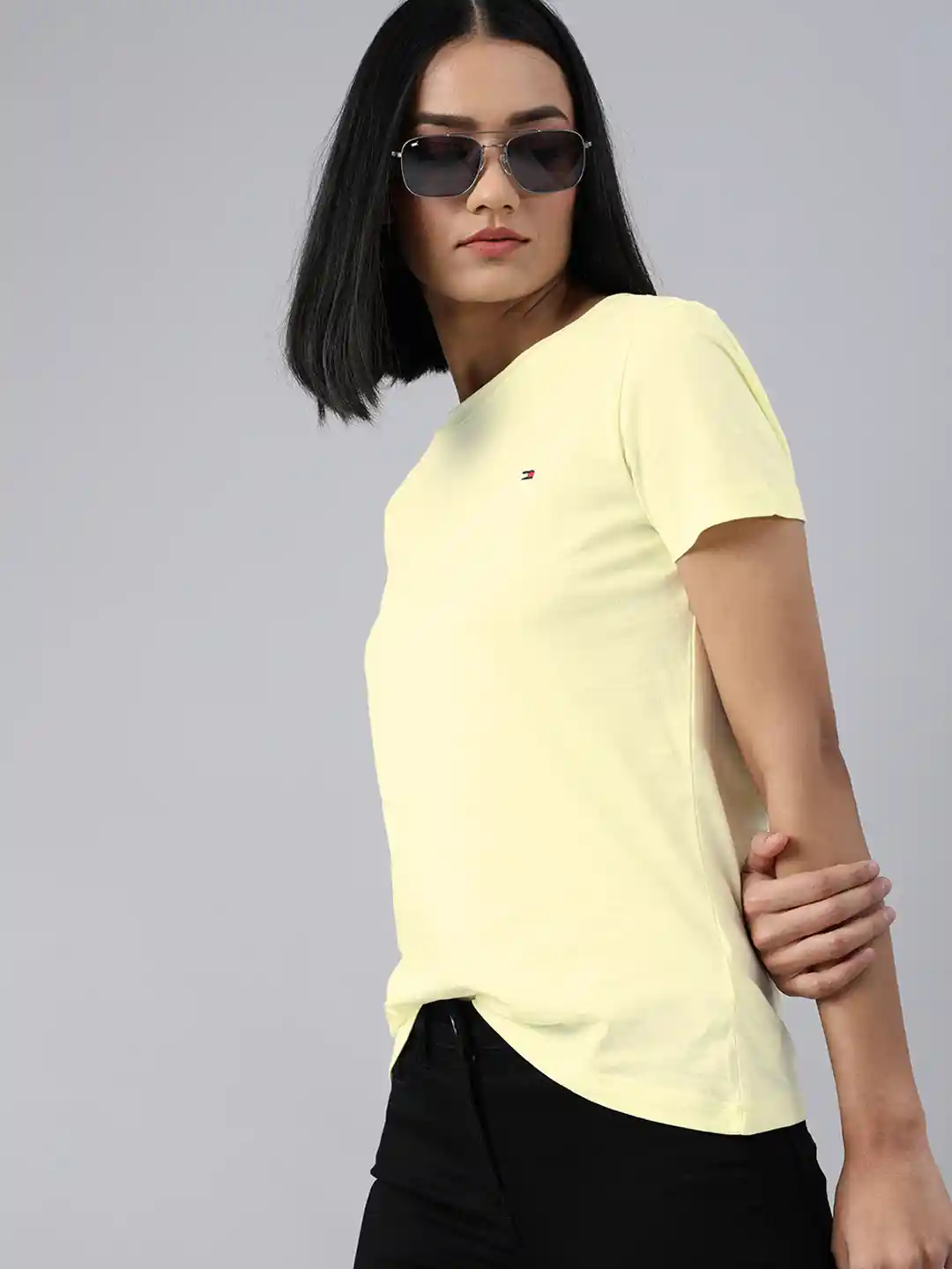 Buy Tommy Hilfiger Women Yellow Solid Round Neck Pure Cotton T