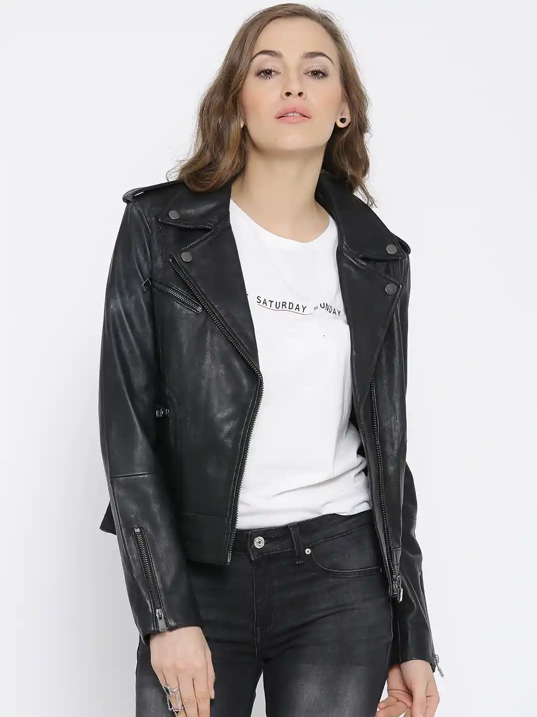 Buy MANGO Black Leather Biker Jacket Jackets for Women 1385740