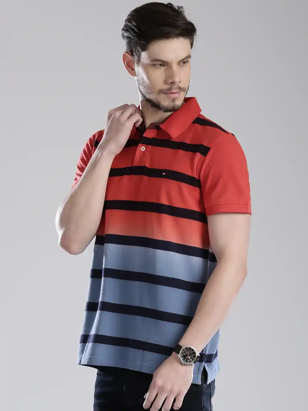 Buy Tommy Hilfiger Red Blue Striped Colourblock Polo Pure Cotton T