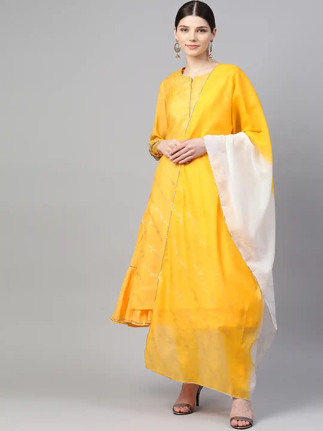 Buy Biba Women Yellow White Printed Layered Kurta with Churidar