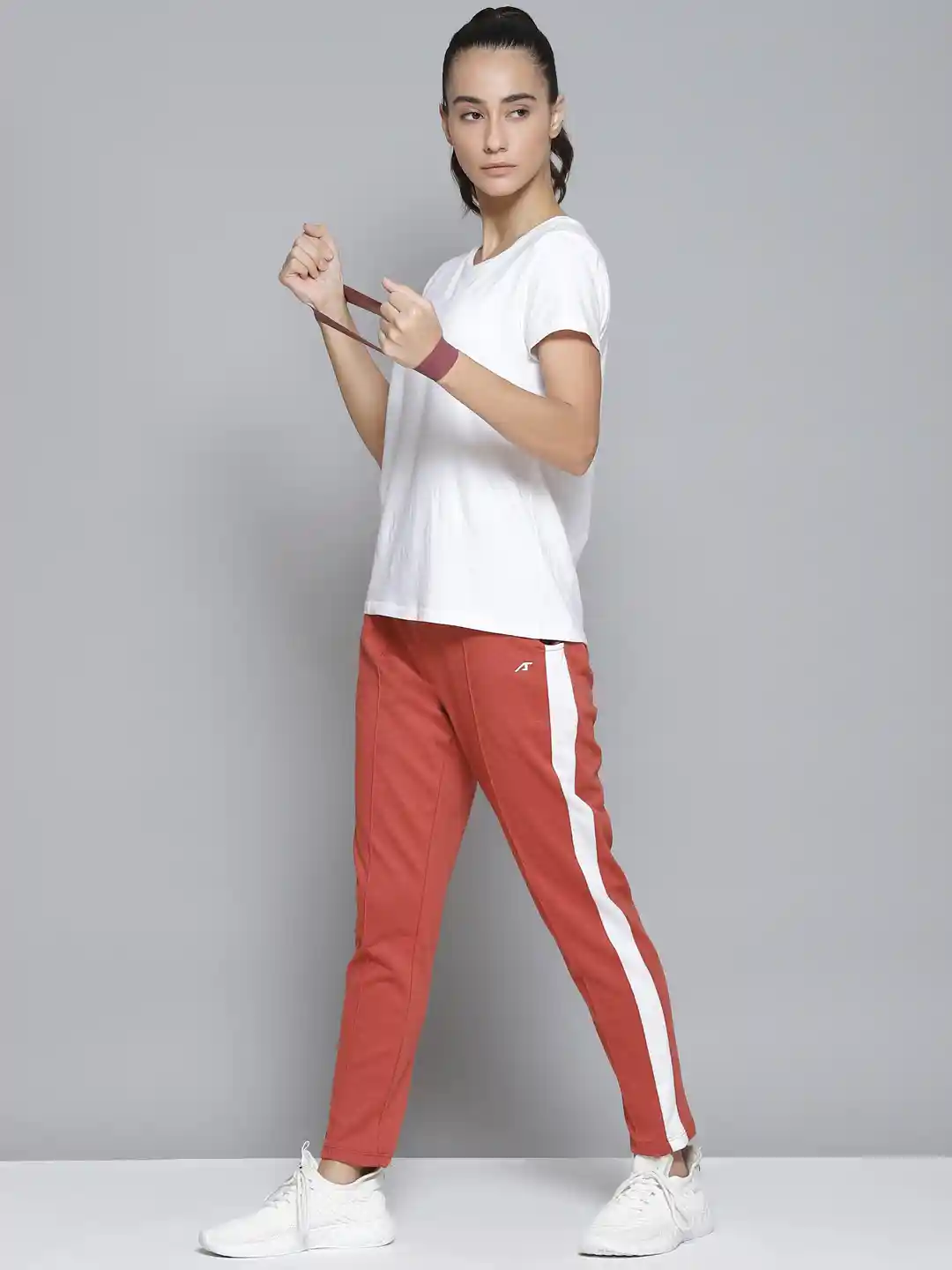 Buy Alcis Women Orange White Striped Slim-Fit Track Pants