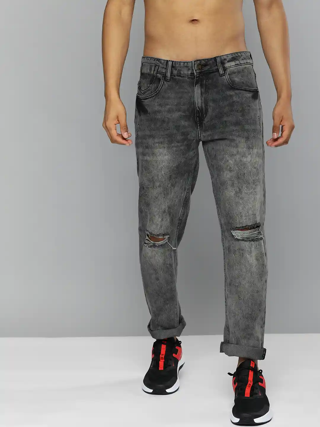 Buy Kook N Keech Men Black Slim Fit Slash Knee Heavy Fade Acid