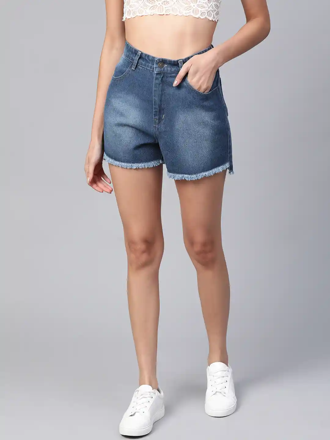 SASSAFRAS Women Blue Washed High-Rise Denim Shorts