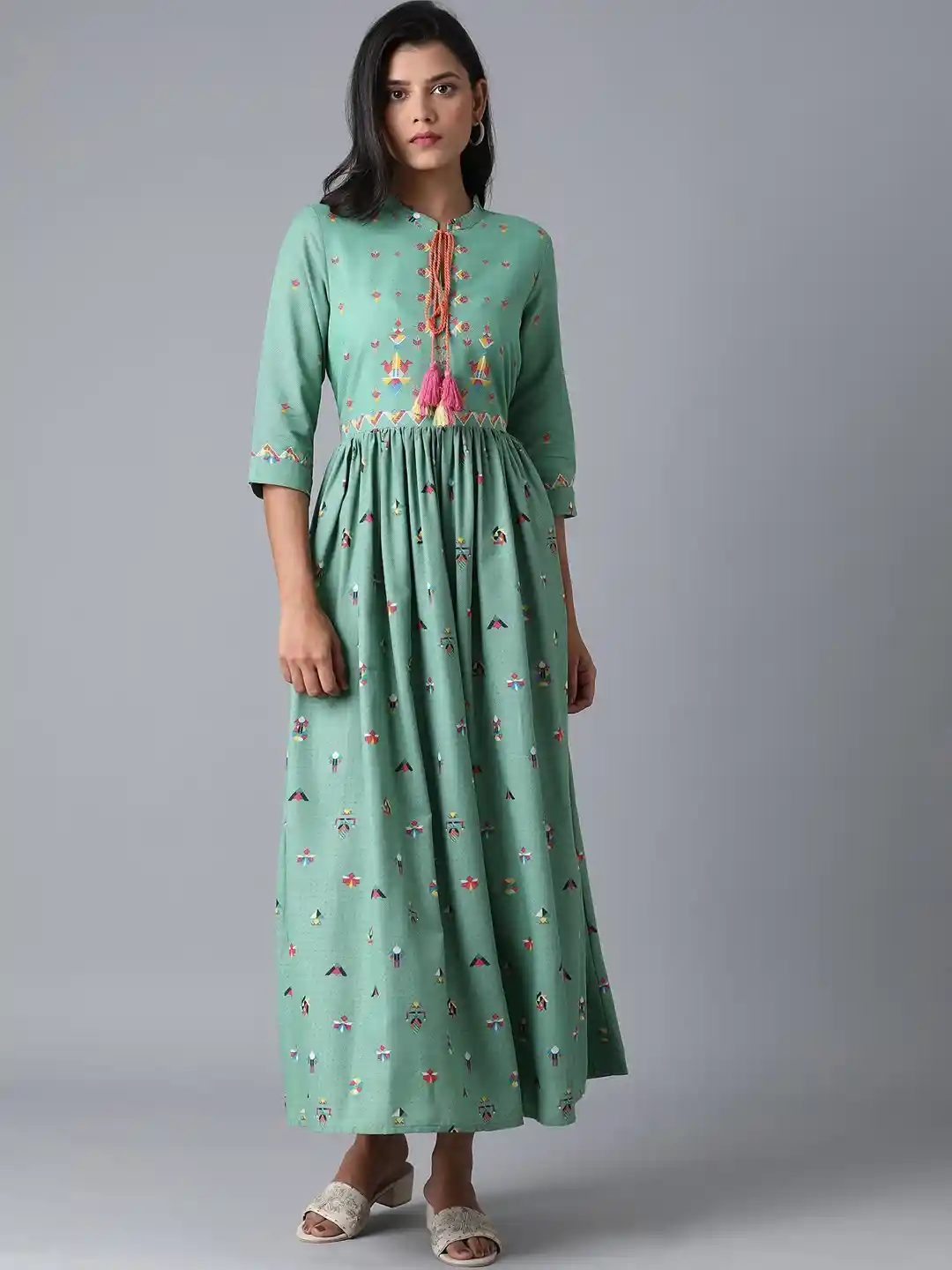W Women Sea Green Printed Viscose Rayon Maxi Dress