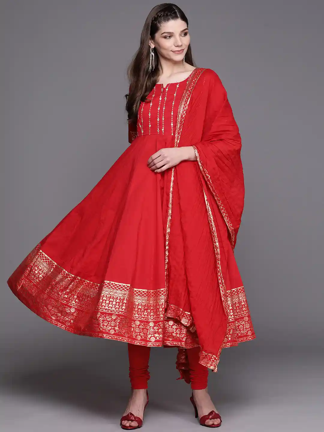 Buy Biba Women Red Golden Yoke Sequinned Kurta with Churidar