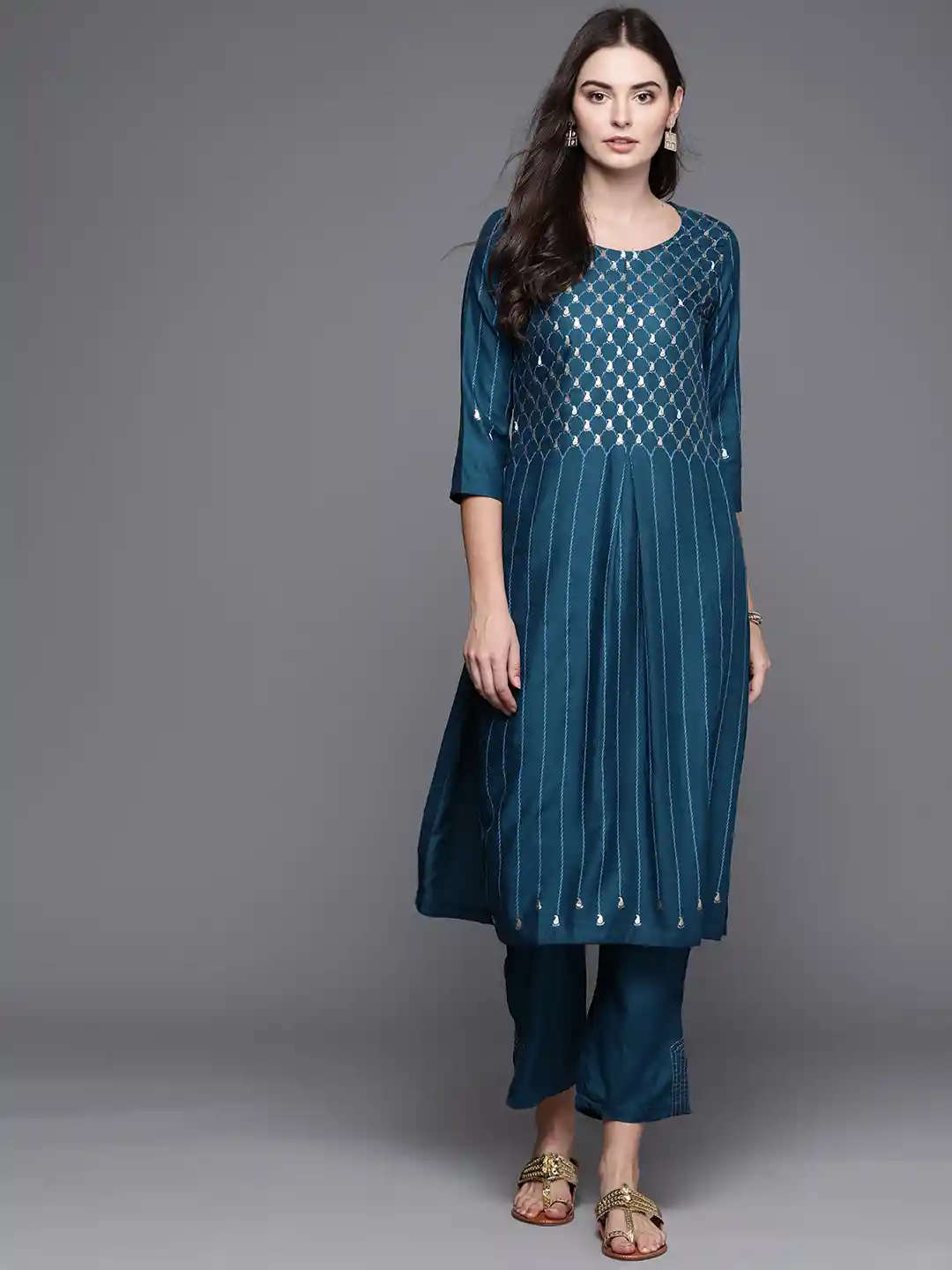 Buy Biba Women Teal Blue Silver Printed Kurta with Trousers