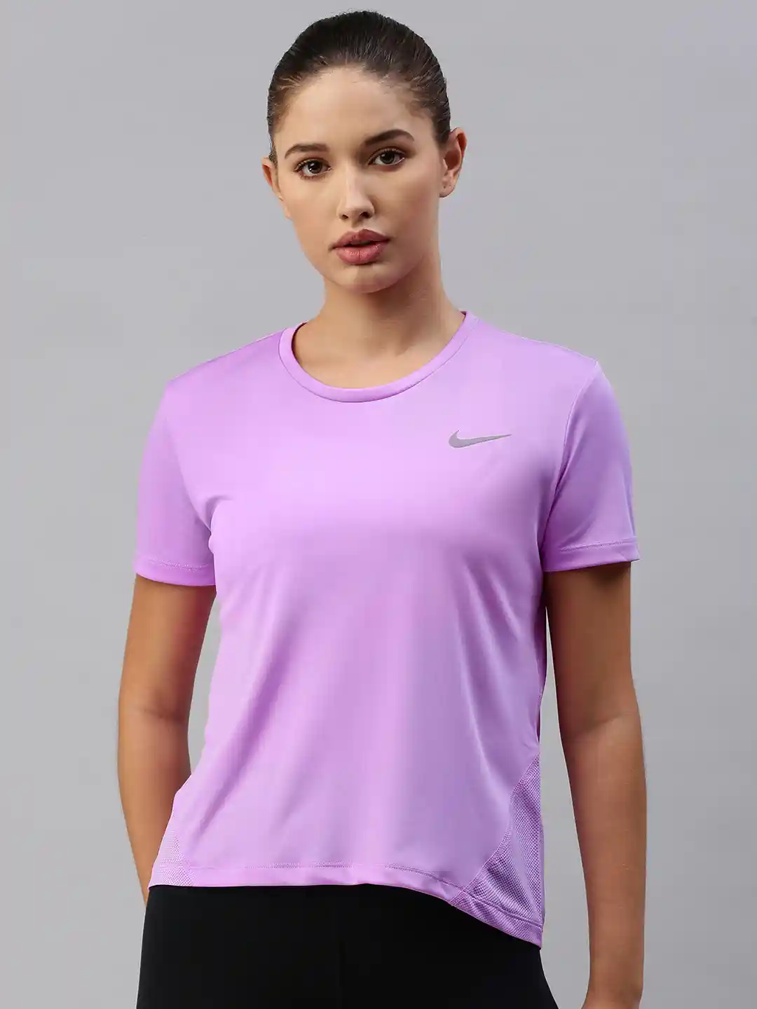 Nike Women Purple Solid NK MILER TOP SS Dri-Fit Round Neck T-shirt