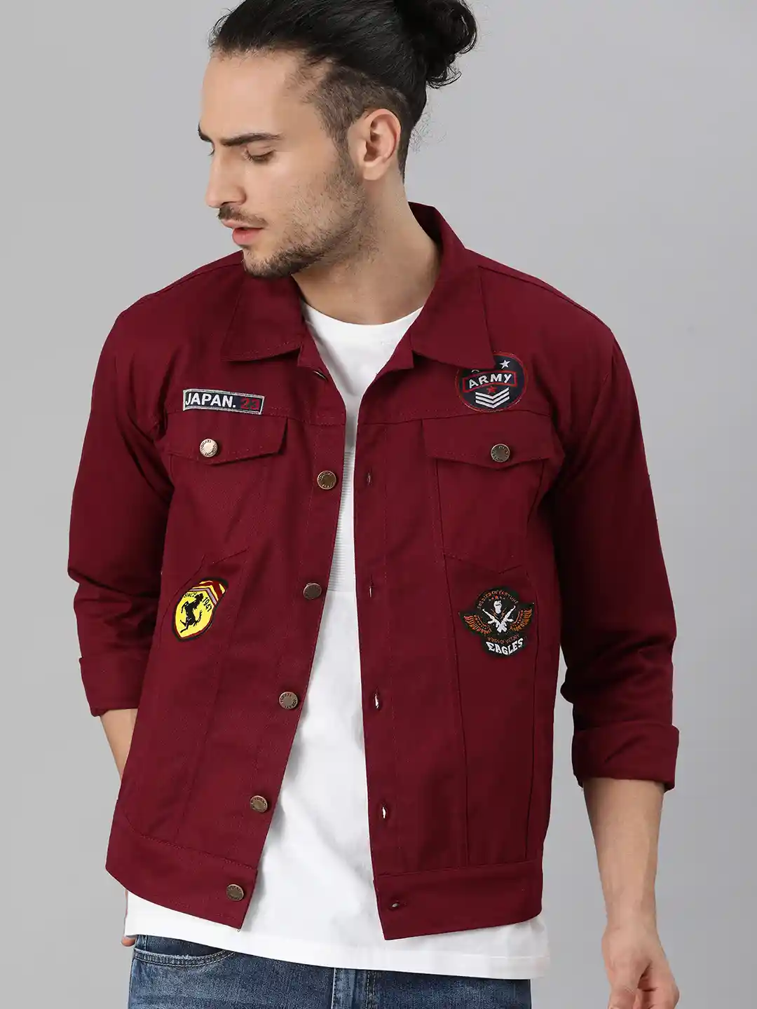 Buy VOXATI Men Maroon Denim Jacket with Applique Detailing