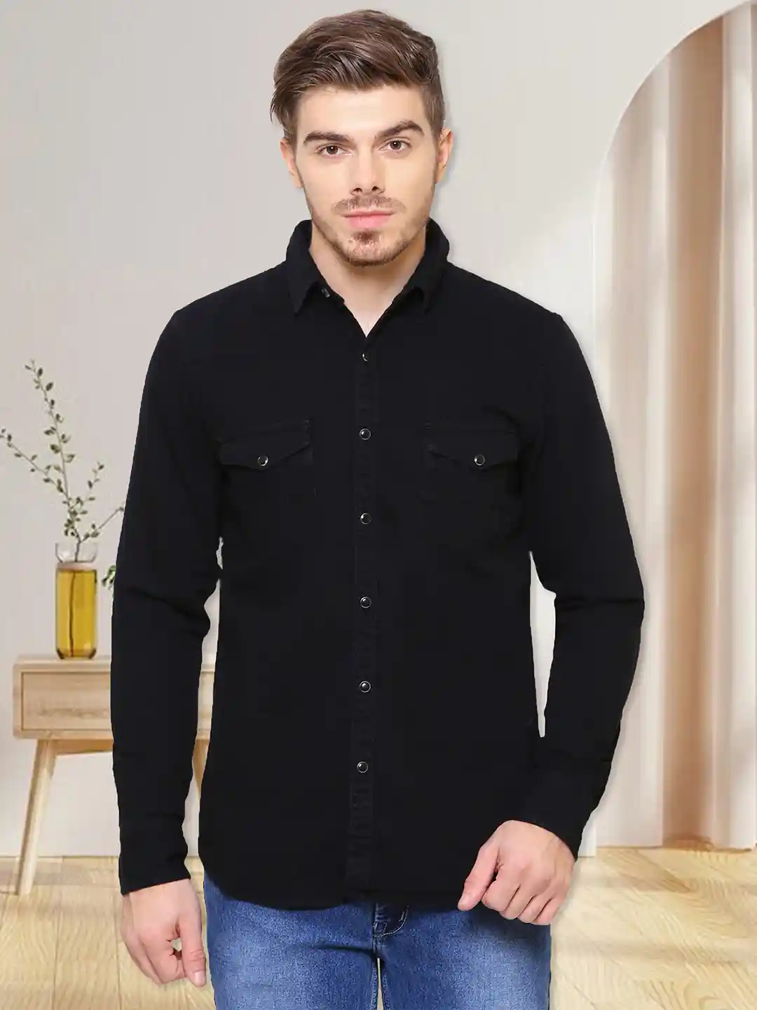 Kuons Avenue Men Black Slim Fit Solid Casual Denim Shirt