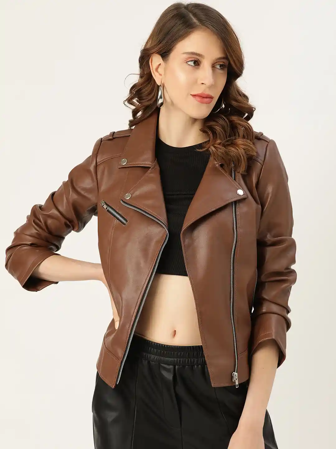 Leather Retail Women Brown Solid Lightweight Biker Jacket