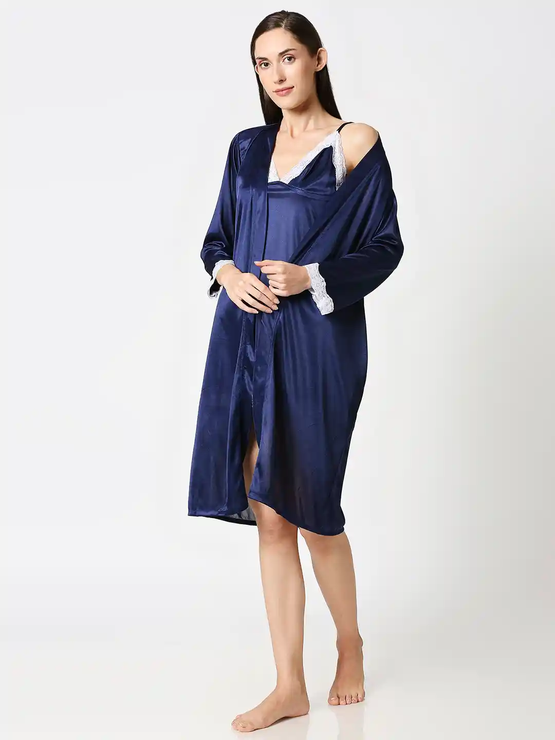 Buy AV2 Navy Blue White Lace Satin Baby Doll With Robe