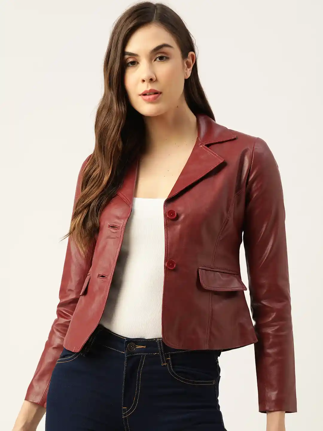 Buy Leather Retail Women Maroon Lightweight Faux Leather Jacket - Main Image