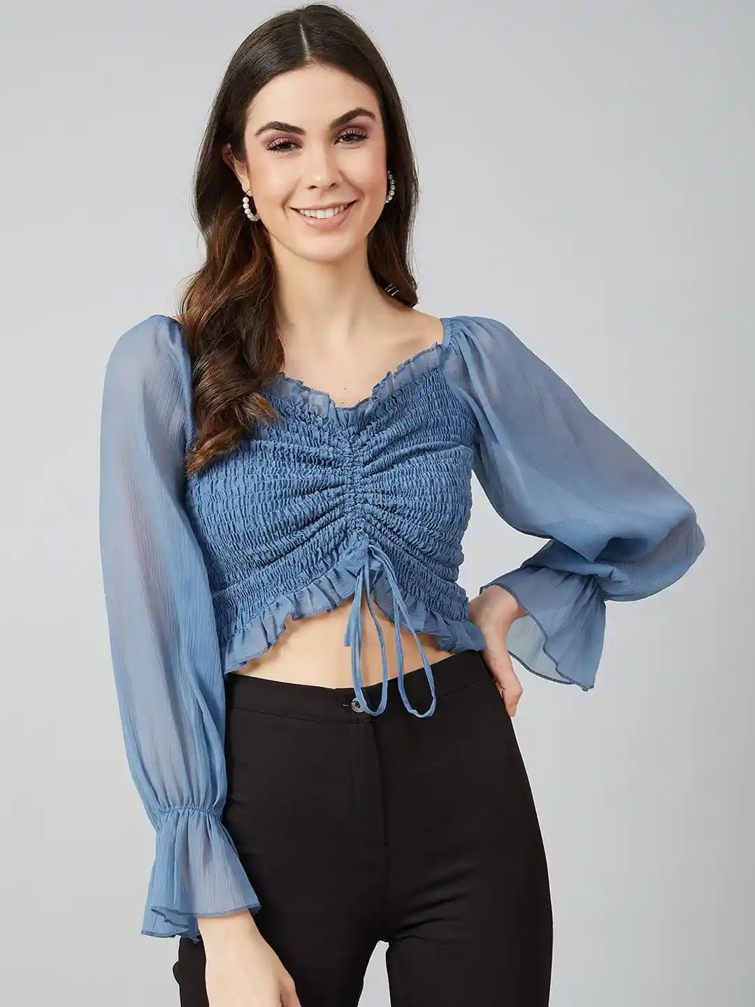 Athena Blue Sweetheart Neck Puff Sleeves Chiffon Regular Crop Top