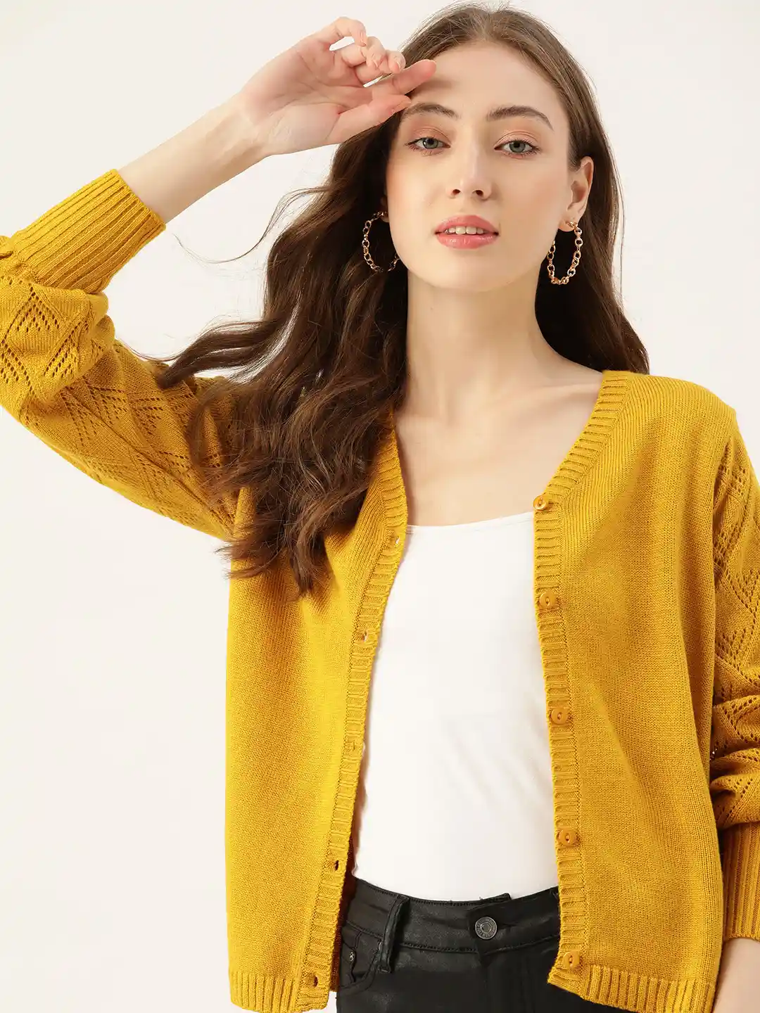Buy DressBerry Women Mustard Yellow Solid Cardigan Sweaters for