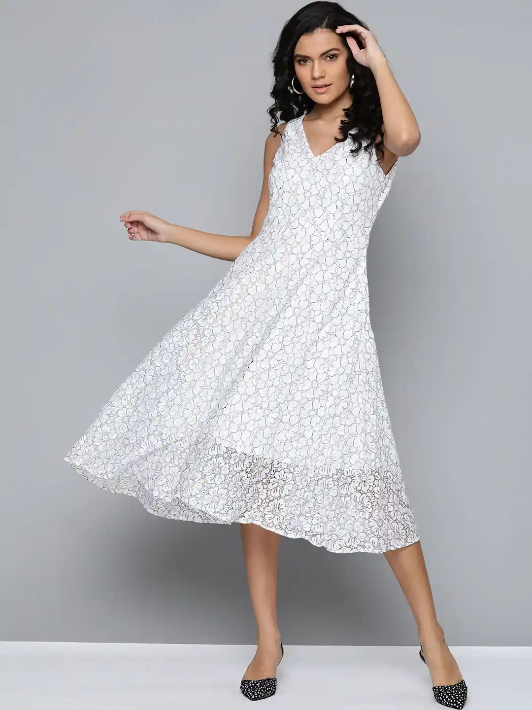 Buy SASSAFRAS White Black Floral Lace A-Line Midi Dress