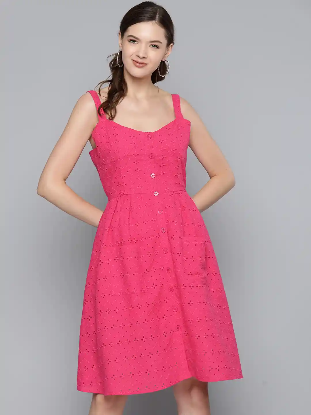 Buy SASSAFRAS Pink Embroidered Pure Cotton Schiffli A-Line Dress