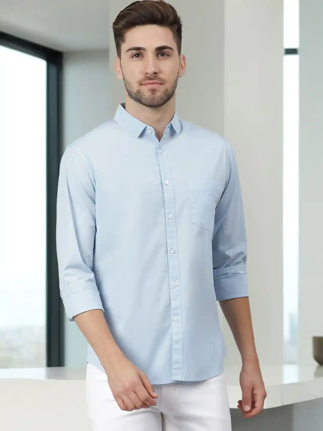 Buy Dennis Lingo Men Blue Cotton Slim Fit Solid Casual Shirt